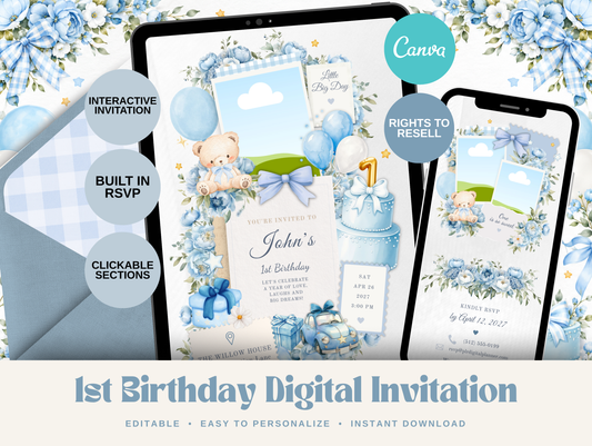 1st Birthday Interactive Digital Invitation Canva Template