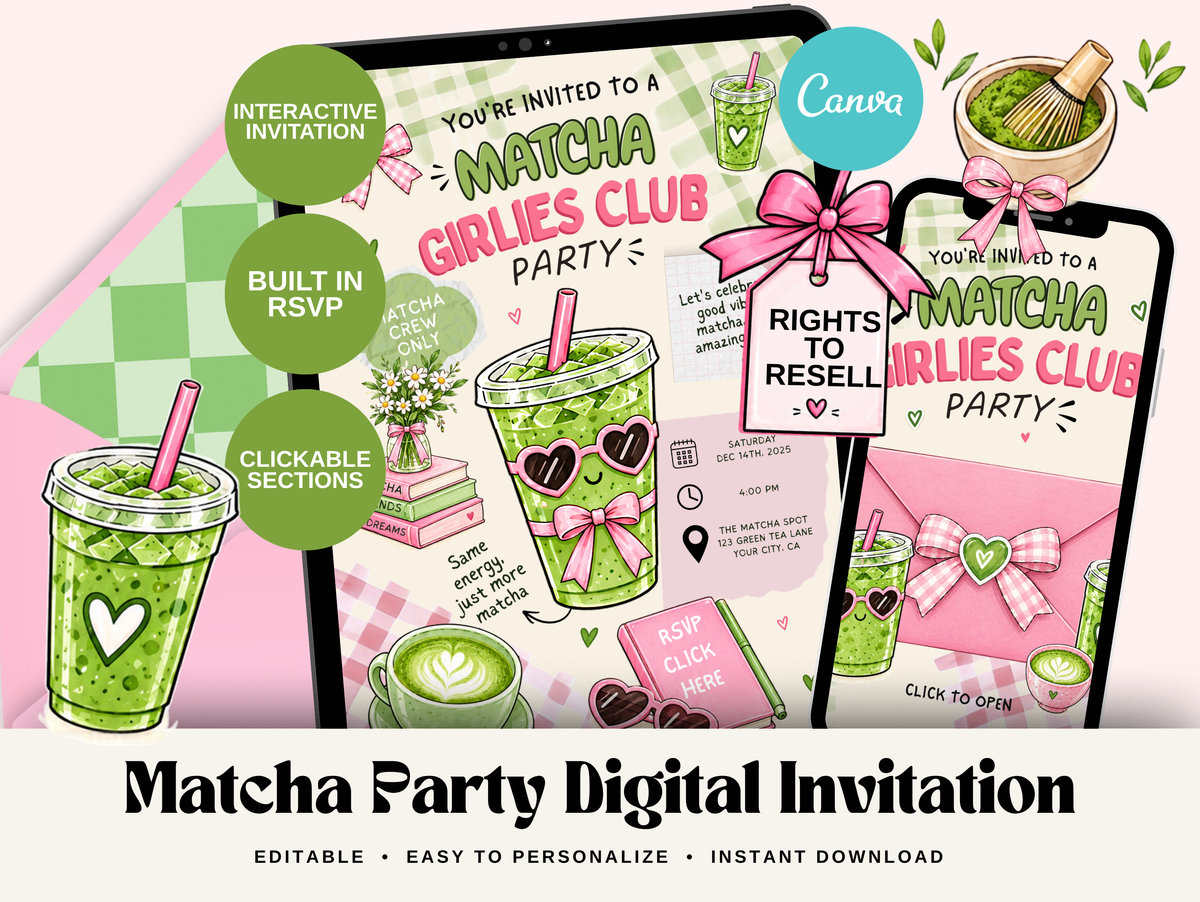Matcha Girlies Club Digital Invitation Canva Template