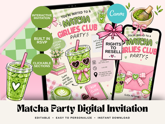 Matcha Girlies Club Digital Invitation Canva Template