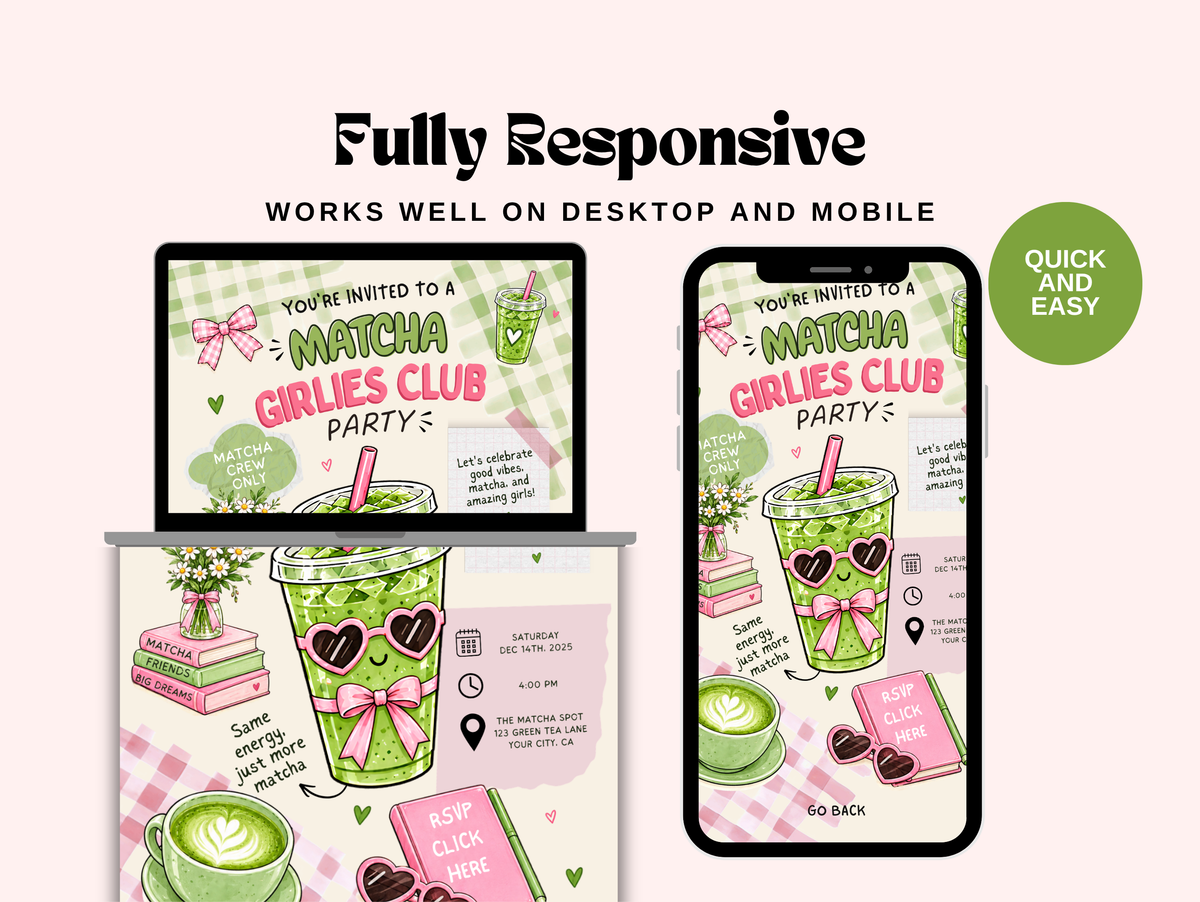 Matcha Girlies Club Digital Invitation Canva Template