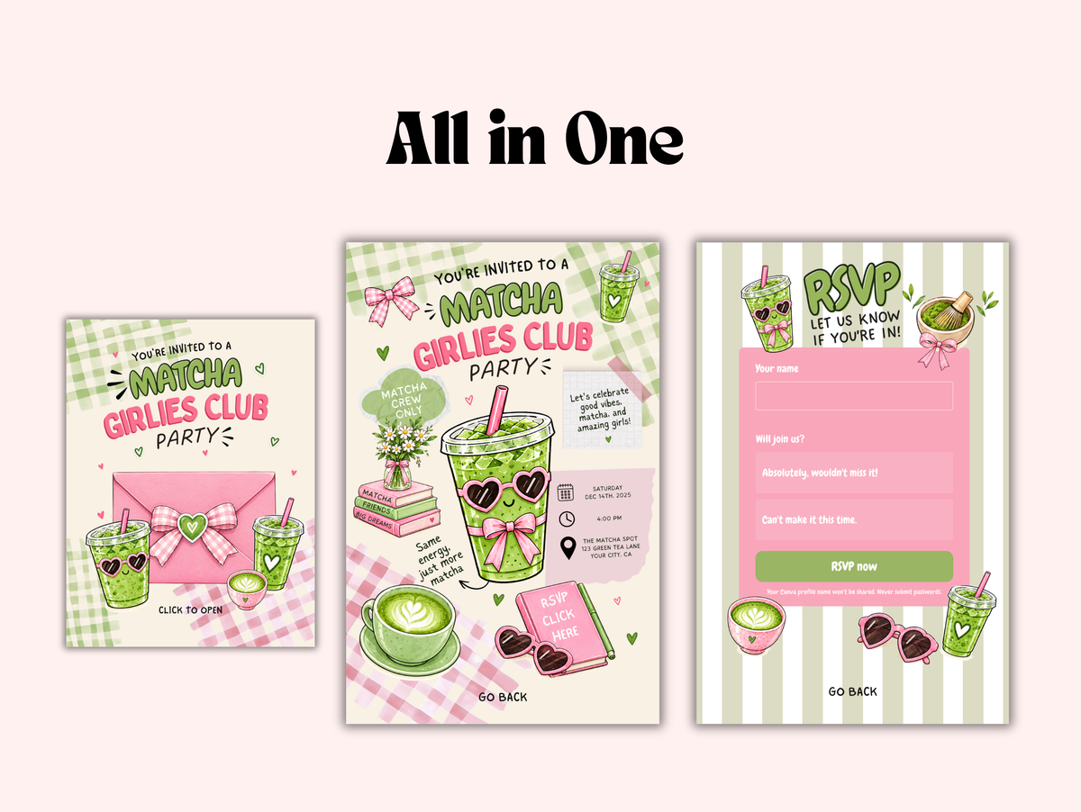 Matcha Girlies Club Digital Invitation Canva Template